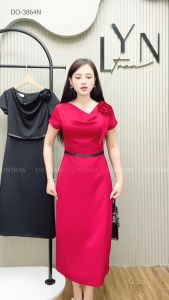 Đầm nữ Lyntran từ 46-52kg dáng A nhẹ cổ rũ gợi cảm váy dự tiệc màu đỏ thuần tôn da sang chảnh chất trượt lụa thái 3864