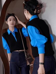 Blue and Black Contrast Pseudo Two-Piece Stylish Slimming Womens Shirt