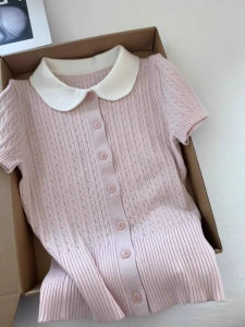 SHUQINGLAI | Pink Baby Collar Ice Silk Knit Short Sleeve T-shirt for Women