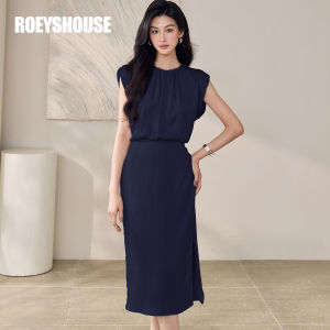 Roey s house | Deep Blue Waist Accentuating Round Neck Satin Midi Dress