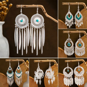 Long Feather Tassel Earrings Ethnic Style Silver Imitation Tourist Attraction Yi And Miao Ethnicity West Double Bay Area