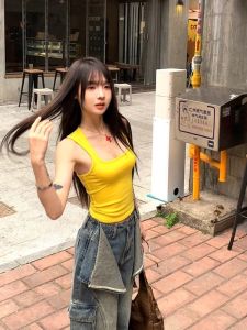 American Style Spicy Girl Modal Solid Color Strap Vest Women Summer Design Slimming Short Top Commute Style Polyester Blend