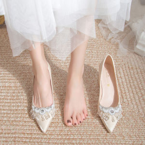 French Style High Heels Womens Shoes Suitable for Engagement Parties Bridal Dresses Champagne Color Thick Heel Princess Style