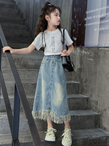 Girls Denim Skirt Long Split Style Summer New Fashion Childrens Clothing A-Line Skirt Korean Style Half-length Skirt
