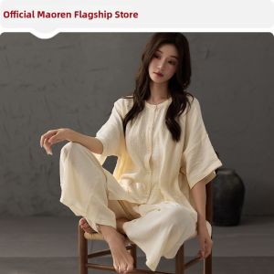MiiOW | Summer Short Sleeve Long Pants Double Layer Pure Cotton Voile Womens Pajama Set