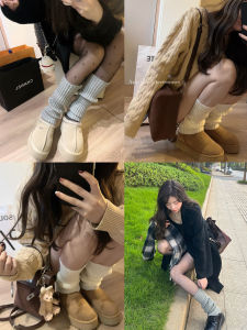 ถุงเท้าถักผู้หญิง ถุงเท้าสั้นถักแบบยาวสำหรับฤดูหนาว ปกป้องข้อเท้า ถุงเท้าทรงบล็อกสีพื้น สวมใส่สบาย ระบายอากาศได้ดี ทนทานต่อการซัก