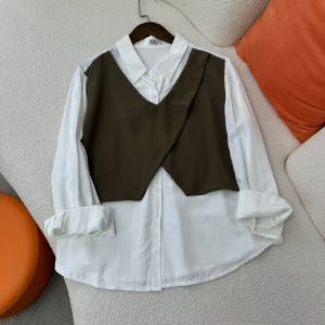 Casual Long Sleeve Womens Shirt Fake Two-Piece Set Loose Fit Commute Base Layer Top Autumn Season Fashion Ladies Shirt