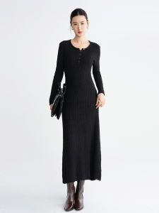High-Quality Black Ribbed Knitted Figure-Slimming Mid-length Dress Spring Inner Wear