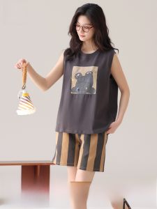 Miiow | Pure Cotton Summer Sleepwear Womens Style Sleeveless Vest Shorts Cool Feeling Home Clothes Set Can Be Worn Outside