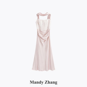 Luxurious Pink Acetate Satin Fishbone Bodice Floral Lace Dress
