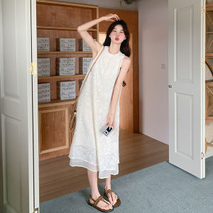 Sweet Summer New Style Womens Dress Fresh Clear White Sleeveless Slimming Long Vest Dress French Style Loose Waist Short Sleeve H Version