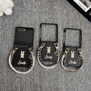 Luxury Bunny Z Flip 7 Strap Case Leather Cover Shiny Rhinestone Hardware Samsung Galaxy Z Flip7 Casing Ultra Slim Anti-Drop Durable Hard PC Protective Phone Case with Beaded Charm