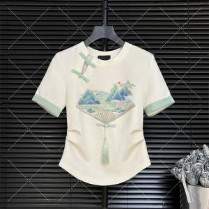Summer Short Sleeve T-Shirt Women 2024 New Arrival Chinese Style Fashion Special-Interest Chinese Tassel Buckle Pleating Slim Looking Tops