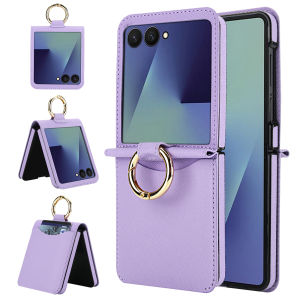 Leather Wallet Card Slot Phone Case with Ring Holder for Samsung Galaxy Z Flip 8 7 FE 6 5 4 Flip7 Flip6 Flip5 Flip4 Purse Cover