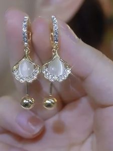 Luxurious Silver Almond Leaf Cats Eye Stone Earrings 2024 New Arrival Fashionable andUnique Accessories for Women