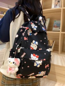 Large Capacity Backpack for Girls Elementary School Students Travel Shoulder Bag Cartoon Anime Print Nylon Material Zipper Closure
