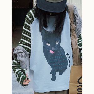 เสื้อยืดคอกลมแขนยาวลายทางสัตว์มีชีวิตสไตล์อเมริกัน ทรงหลวม ผ้าฝ้ายผสมโพลีเอสเตอร์ สำหรับผู้หญิงวัย 18-35 ปี