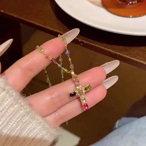 1Pcs Dopamine Colored Zircon Cross Necklace Womens Retro Sweet Cool Style Personalized Daily Collarbone Accessory A-J