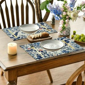 1-Piece Forest Bird & Tree Linen Placemat Non-Slip & Heat-Resistant Washable Home Decor Placemat