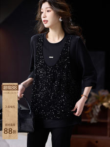 Fashionable T-Shirt with Embroidered Patch Fake Two-Piece Womens Long Sleeve Top Early Autumn Large Size Street Style Pure Color