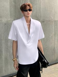Shoulder Pad Design Mens Shirt Deep V-Neck Short Sleeve Summer Fashionable Youth Loose Fit Iron-Free Pure Color Casual Shirt