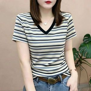 QIAOXIZI | Áo Thun Sọc V-Neck Dễ Thương Slimming