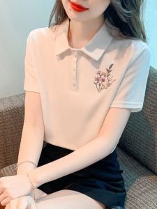 เสื้อยืดคอโปโลปักลายคอตตอนแท้แขนสั้นสำหรับผู้หญิงในช่วงฤดูร้อน ทรงหลวม สไตล์เกาหลี แขนยาวครึ่งตัว ทรงสลิมฟิต