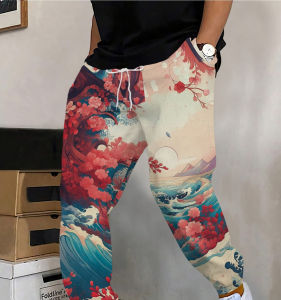 Hot Toys | Hot Selling New Mens Sports Pants Featuring Landscape Waves and Cherry Blossoms Designed As Loose and Fashionable Streetwear