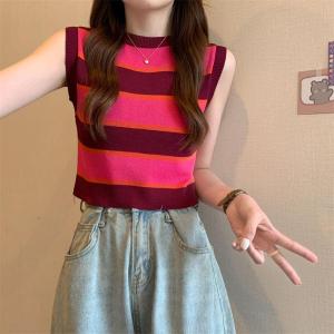 Áo Thun Dệt Kim Ice Silk Không Tay Thời Trang Mùa Hè Mới Cho Nữ Cạp Cao Mỏng Màu Khối Sọc Co Giãn