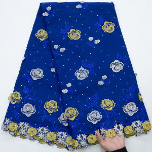 2026 African Cotton Lace Fabric Navy Blue with Gold and Silver Floral Embroidery Swiss Voile Lace For Dresses Evening Gowns