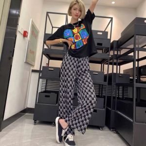 GanLai Women Short Trousers Hong Kong Style Wide Leg Pants Women Elastic High Waist Drooping Loose Casual Mopping Trousers