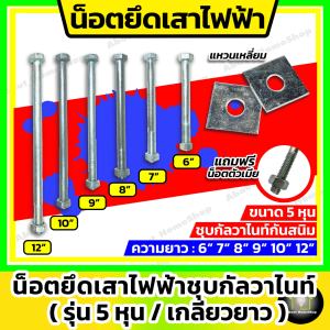 น็อต ยึดเสาไฟฟ้า 5 หุน (ความยาว 6 นิ้ว 7 นิ้ว 8 นิ้ว 9 นิ้ว 10 นิ้ว และ 12 นิ้ว) รุ่นเกลียวยาว ชุบกัลวาไนท์