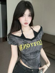 GUZILIAN | Summer New American Style Hot Girl Fashion Print Halter Neck Fake Two-Piece Waist Cinch Slimming Versatile Top Womens T-shirt