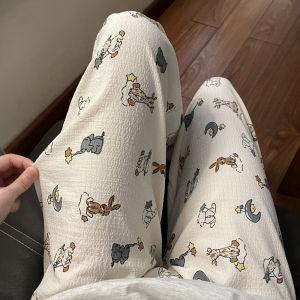 ขยาย พลัสไซส์ การ์ตูน พิมพ์ ชุดนอน กางเกง ผู้หญิง หลวม ขากว้าง ลำลอง บ้าน กางเกงขายาว ผ้าทอเอวกลาง ผ้าฝ้าย ผ้า