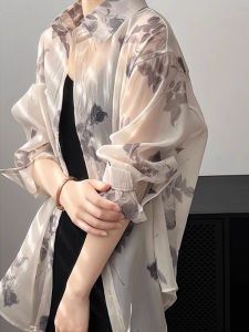 สไตล์จีนใหม่ย้อนยุคพิมพ์ ผ้าชีฟอง ผู้หญิง ฤดูร้อน เสื้อแจ๊กเก็ตบางป้องกันแสงแดด เรียบหรู ความยาวแขนเสื้อ ปกโปโล