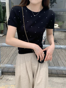 Slim Fit Polka Dot Knitted Short Sleeve round Neck T Shirt Womens Summer Fashionable Retro Style Top Korean Version Linen Material