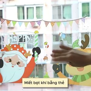 COMBO-Decal trang trí NOEL HÍT TĨNH ĐIỆN -Rèm hoa tuyết và ba bạn noel đón giáng sinh (4 tấm)-CDN152