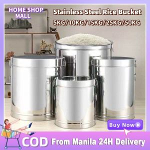 Food Containers Storage Stainless Steel Rice Bucket Soup Bucket Milk Tea Bucket Rice Dispenser 25 kg /10kg/5kg/50kg Large Capacity Rice Storage Container Rice Box Air Tight Container Kitchen Organizer