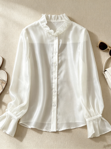 SANGMAN | Elegant See-Through White Chinese Style Long Sleeve Blouse