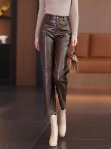 กางเกงหนังสีคาเฟ่ ทรงตรง กางเกงขายาวทรงสูท ทรงสลิม เอวสูง กางเกงขายาวลำลอง ป้องกันลม ฤดูใบไม้ร่วง/ฤดูหนาว 2024