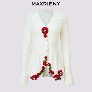 MaxRieny Festival Celebration New Year Red Knitted Sweater V-Neck Long Sleeve High Waist Type Sweet Style Single Piece