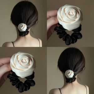 2024 New Arrival French Style Vintage Satin Three-Dimensional Rose Hair Ring Hair Rope Elegant Back Head Fancy Hair Accessories for Women