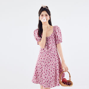 SEIFINI | Fashionable New Trendy Pretty Holiday Style Rose Pink Flowered Square Neck Mid-Length Dress