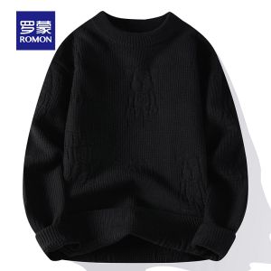 ROMON | Lormen Mens Knitted Sweater Round Neck Casual Thickened Winter Base Layer Shirt Fashionable City Style Long Sleeve Loose Fit