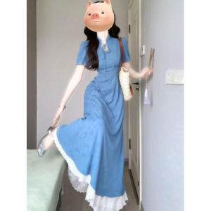 CHANGTONG | Elegant Blue Qipao Dress Young Style Beautiful Unique Chinese New Version Long Skirt Suitable For Ages 18 To 29 Spring Season