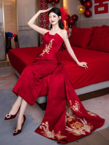 New Chinese Style Bridesmaid Dresses Wine Red Color Small Train Improved Engagement Cheongsam Wedding Show Heel Long Qipao