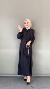 Gamis Lebaran Loli Dress Muslimah Wanita Syakila Model Rompi Tille Bordir Leher Pita