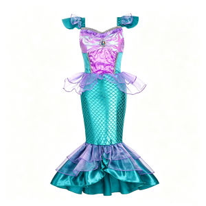 Purple Mermaid Sleeveless Long Dress Costume with Shell Necklace Crown for Girls Halloween Party Cosplay Summer Outfit