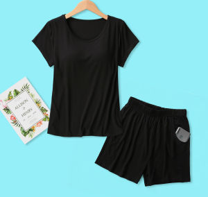 Womens Sleepwear Set with Chest Pad Summer Thin Short Sleeve Modal Home Clothes Two-Piece plus Size Comfortable round Neck Short Pants