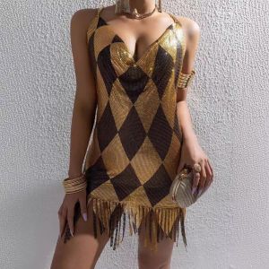 AKYZO Spicy Girl Thời Trang Kim Loại Đầm Dây Váy Sequin Chắp Vá Tua Rua Không Tay Chữ A Mini Đầm Dự Tiệc Cho Nữ